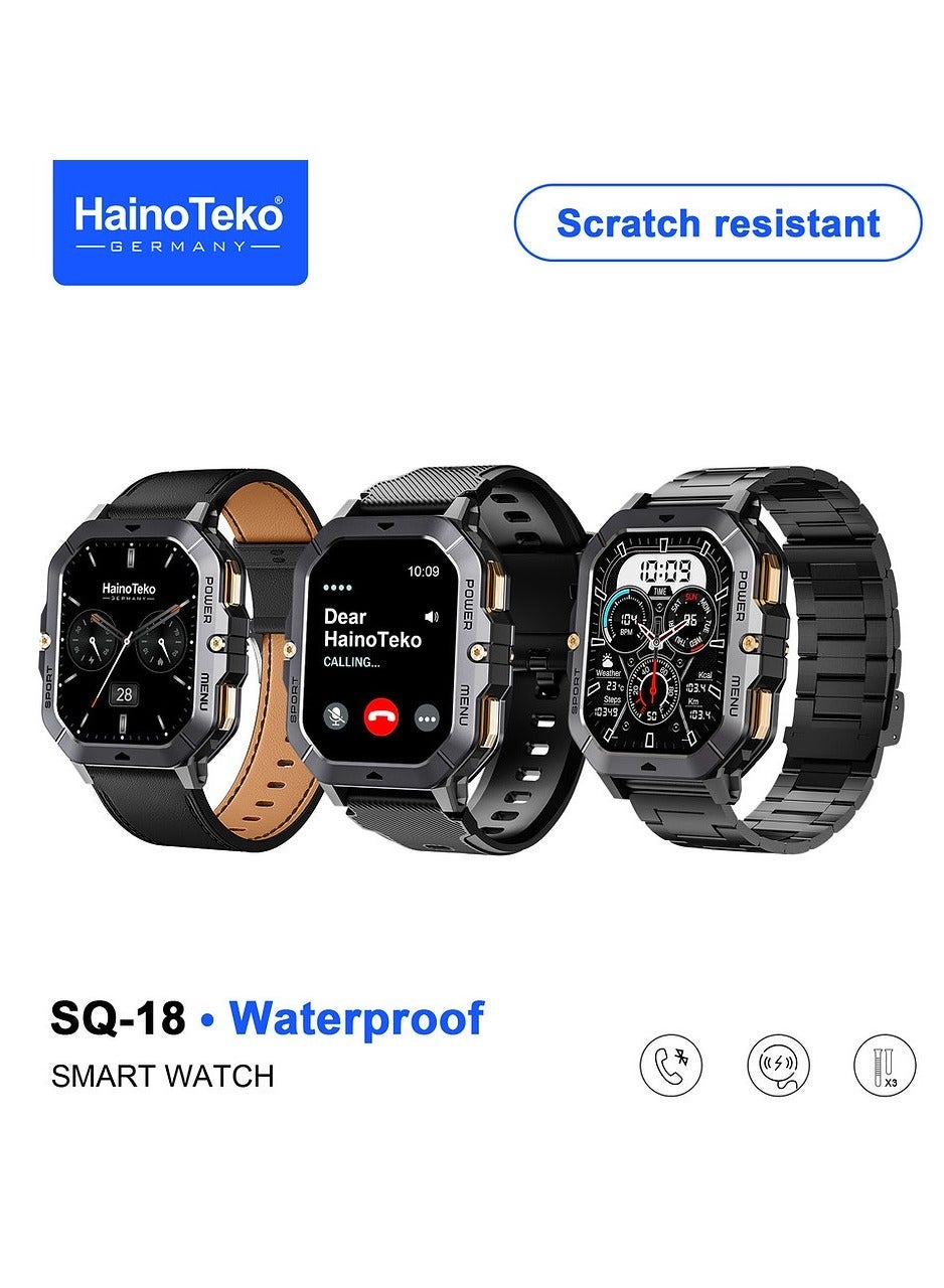 Haino Teko SQ-18 Waterproof Smartwatch With Scratch-Resistant AMOLED Display, 3 Interchangeable Straps, Smart Daily Features, Long Battery Life, Sleek Design for Men, Black